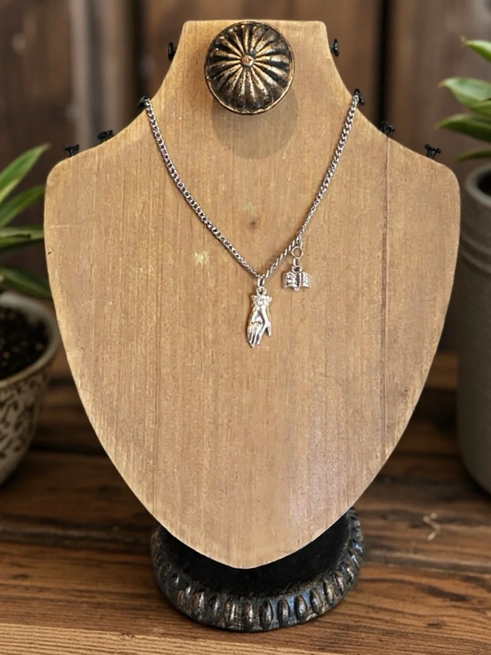 DND Wizard Silver Toned Hand Charm Necklace with Book